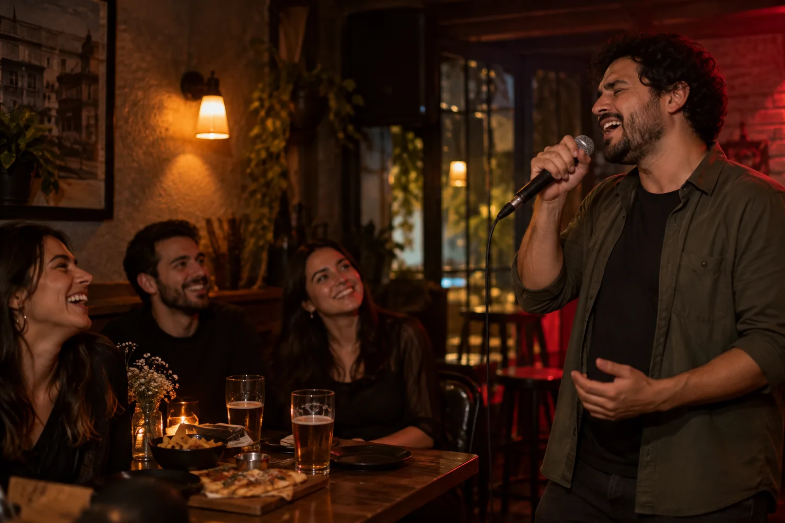 Imagen conceptual de amigos cantando junto a una mesa; no es una fotografía del local de Bákua.
