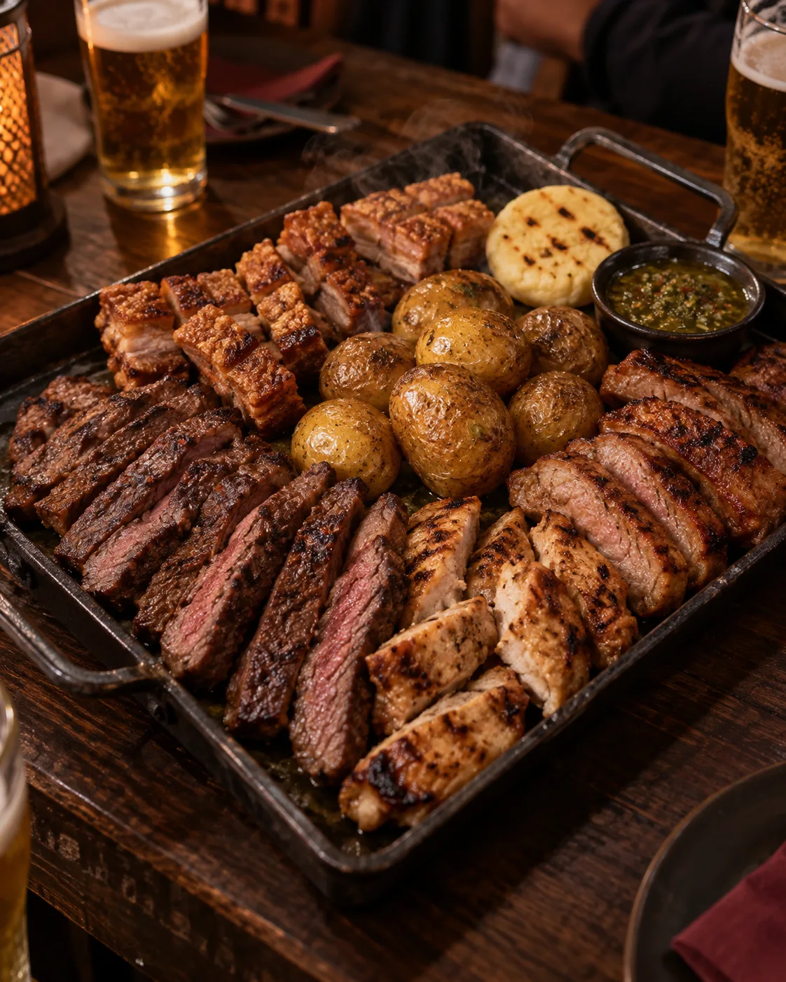 Imagen conceptual de una picada de carnes, papas y arepa; no es fotografía de un plato preparado por Bákua.